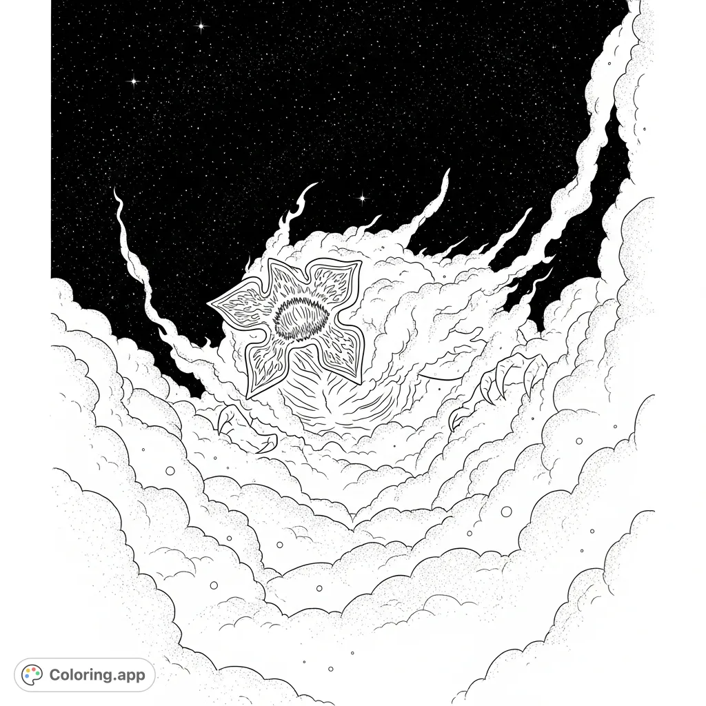 Experience the terror of a Demogorgon shrouded in swirling cosmic dust within the deep void. A chilling cosmic horror coloring page for fans of the unknown.