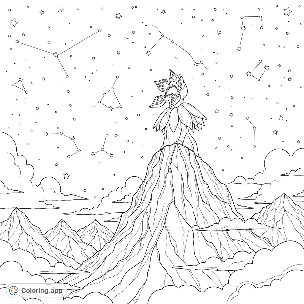 Witness a majestic Demogorgon atop a rugged mountain, gazing at a star-filled night sky. A contemplative and detailed free printable coloring page.