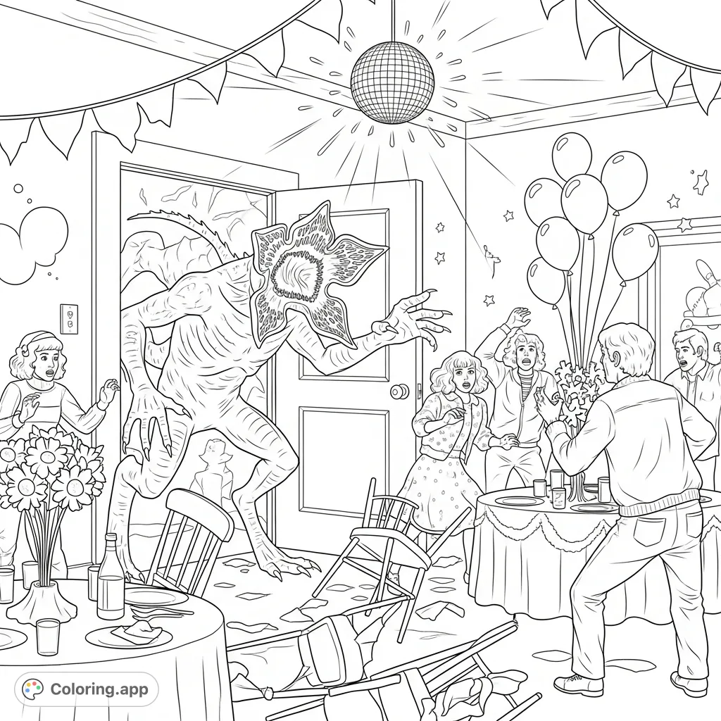 A thrilling Demogorgon coloring page featuring the creature bursting into a chaotic party scene with scattering guests, toppled furniture, and a disco ball.