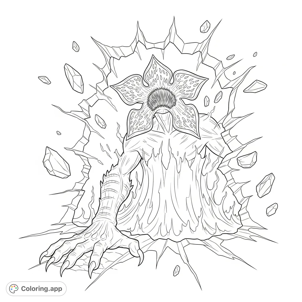 A fearsome Demogorgon breaches a shimmering tear in reality, its clawed hand gripping distorted ground amidst chaotic energy and floating debris.