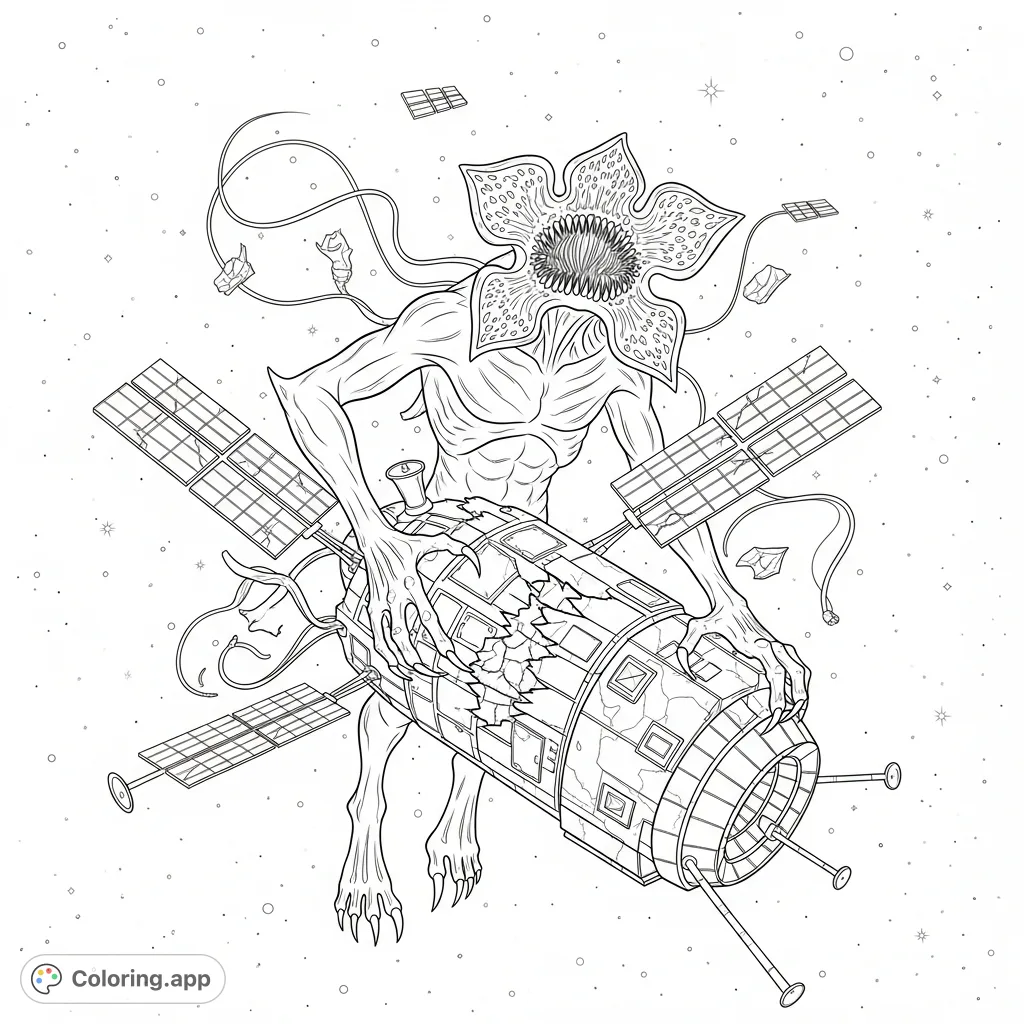 A colossal Demogorgon clutches a shattered space probe amidst the stars, offering a thrilling sci-fi horror coloring experience for fans.