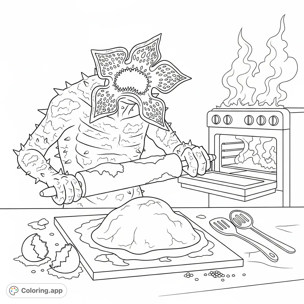 A chaotic kitchen scene where the Demogorgon attempts to bake, covered in flour, surrounded by baking mishaps and a smoking oven. A quirky monster coloring page.