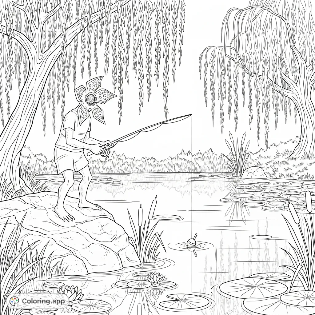 An unusual Demogorgon fishing scene at a pond, with weeping willows and lily pads, offers a unique and engaging coloring experience.