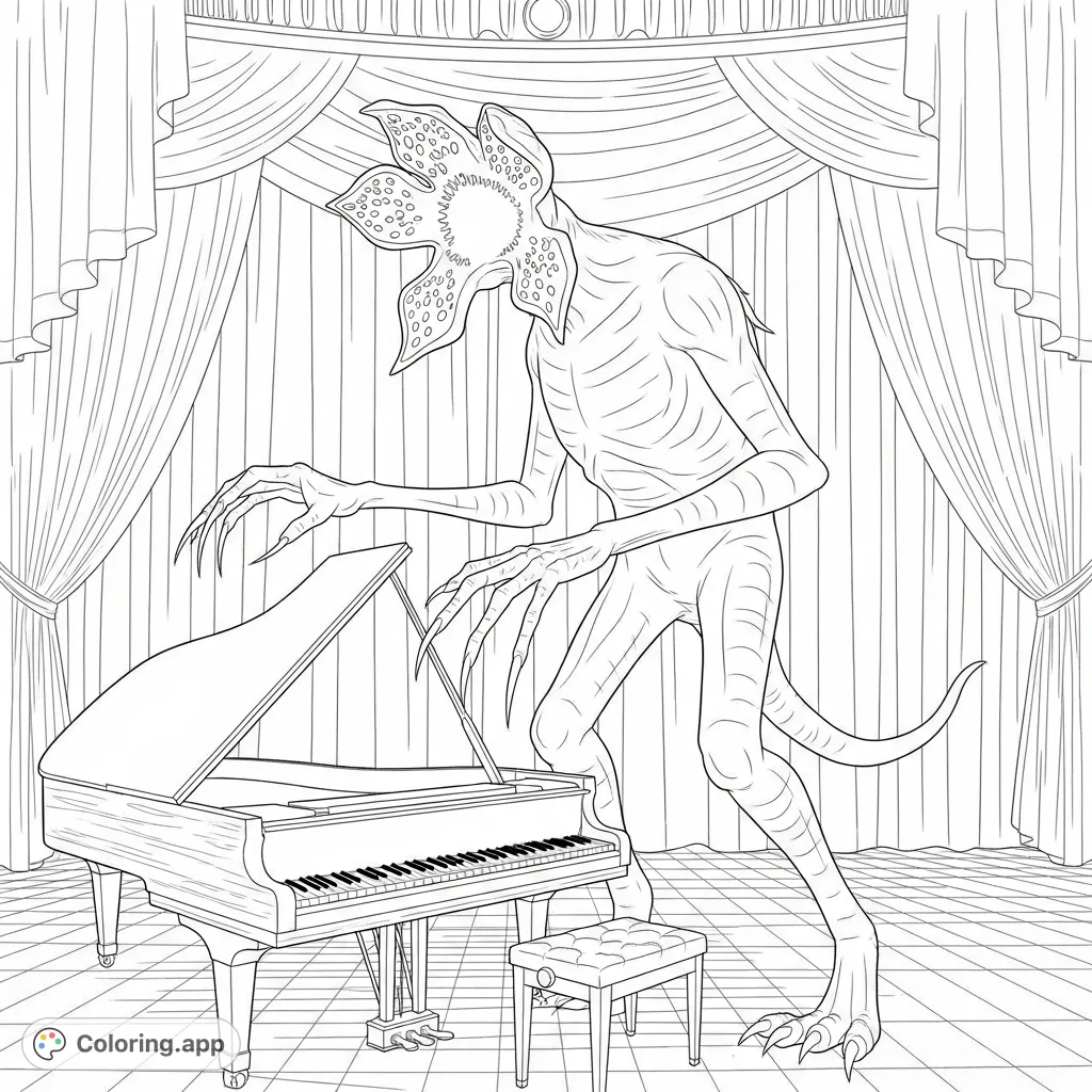A powerful Demogorgon unexpectedly plays a grand piano in an opulent concert hall, its clawed hands poised over the keys. An intriguing, dramatic scene.