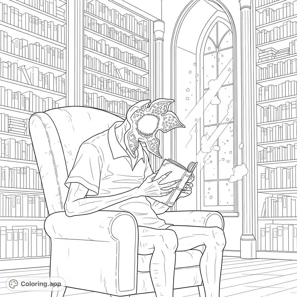 An imposing Demogorgon relaxes in a grand library, attempting to read an ancient tome. A unique, detailed coloring page for fantasy and horror fans.
