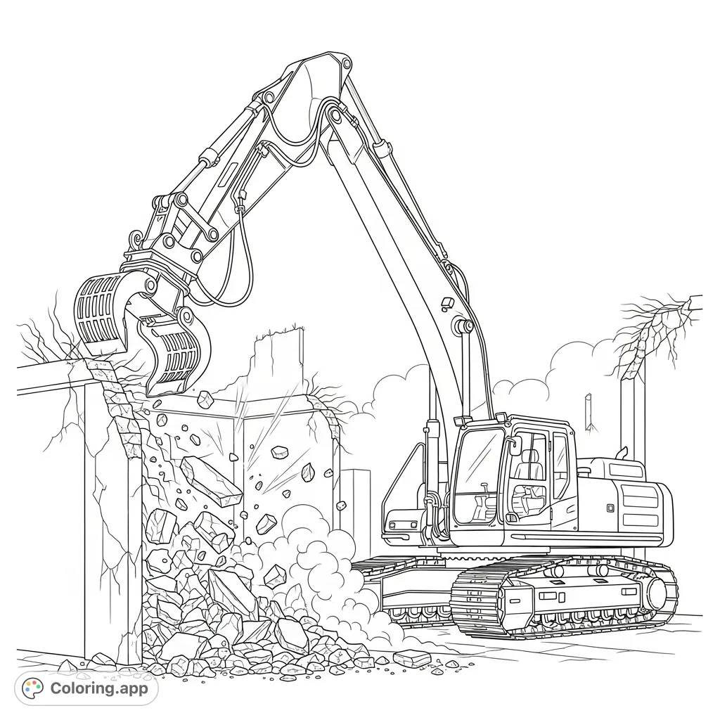 A dynamic coloring page depicting a powerful demolition excavator with an extended arm and claw, actively tearing down old concrete walls amidst falling debris and dust.