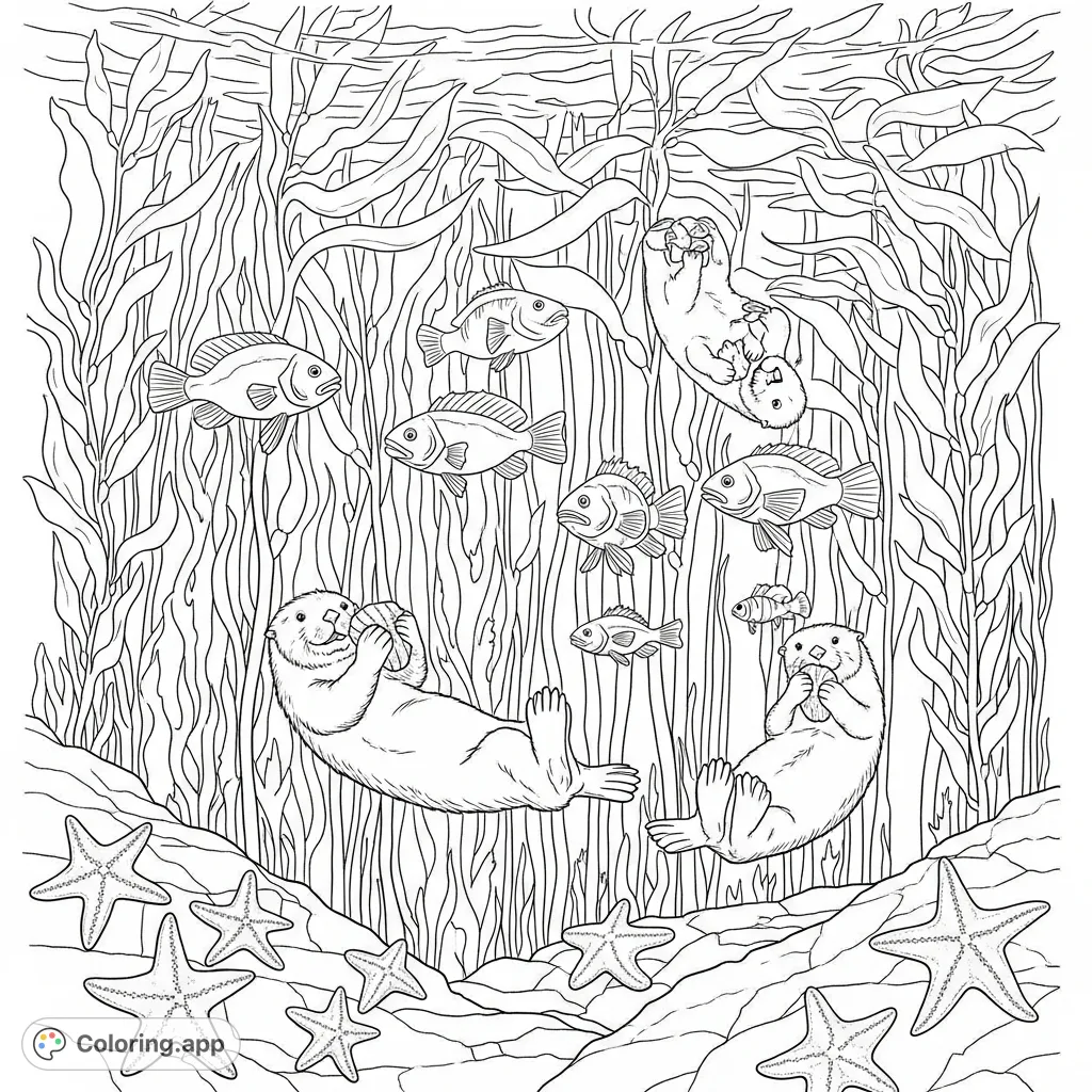 Explore a vibrant underwater world! This kelp forest coloring page features playful sea otters, hidden rockfish, and intricate starfish amidst swaying fronds.