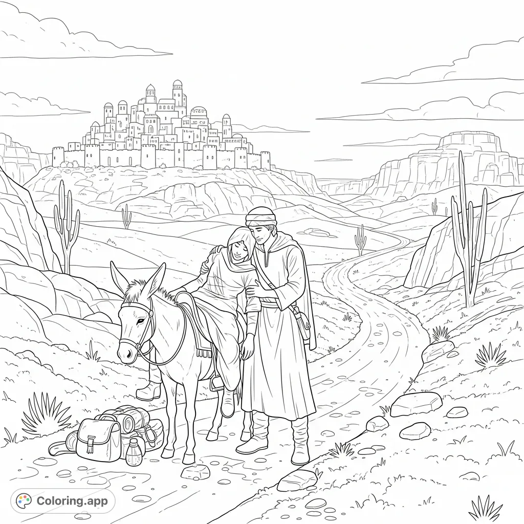 A touching desert scene depicts a kind Samaritan assisting a wounded traveler onto a donkey, with a walled city in the distance. A heartwarming free printable coloring page.