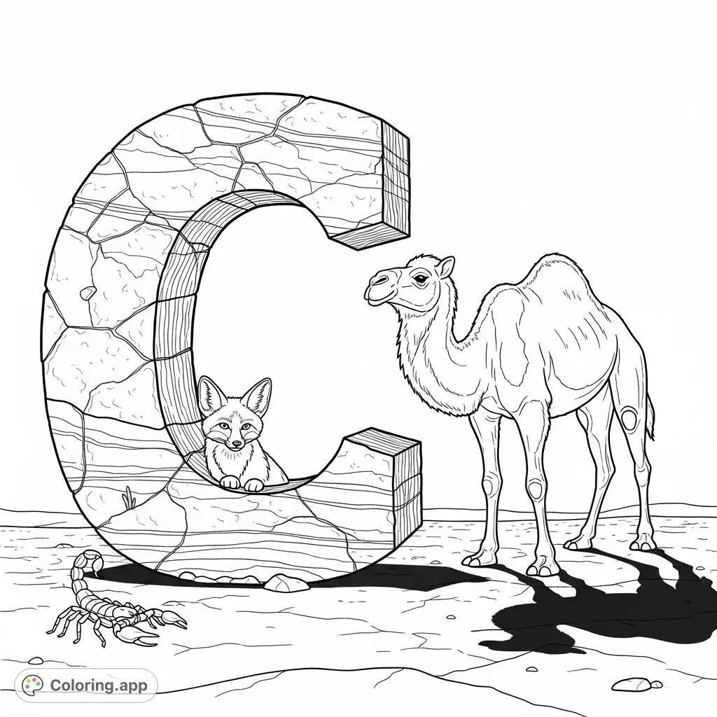 A captivating capital C shaped from weathered sandstone, surrounded by desert wildlife including a majestic camel, a watchful fox, and a small scorpion. Explore this unique scene!