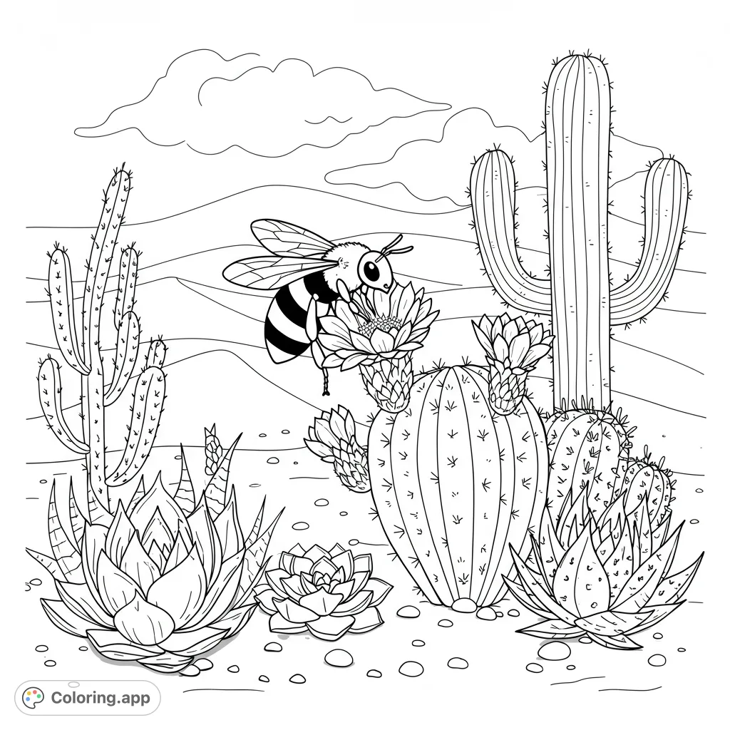 Explore a desert oasis with a busy bee pollinating a vibrant cactus flower amidst various cacti and succulents. A free printable desert coloring page.