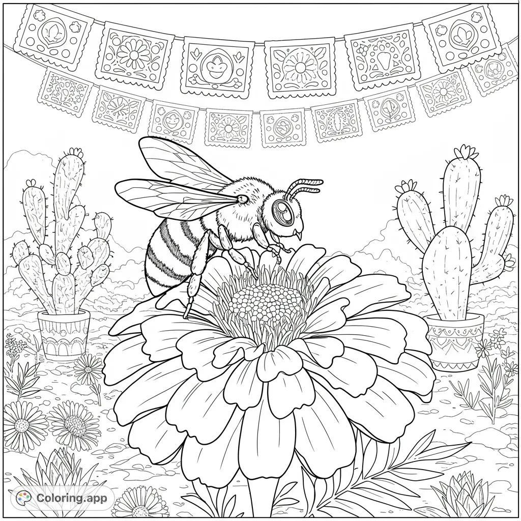 A detailed bee on a large flower, surrounded by cacti and festive banners, perfect for a vibrant desert-themed coloring adventure.
