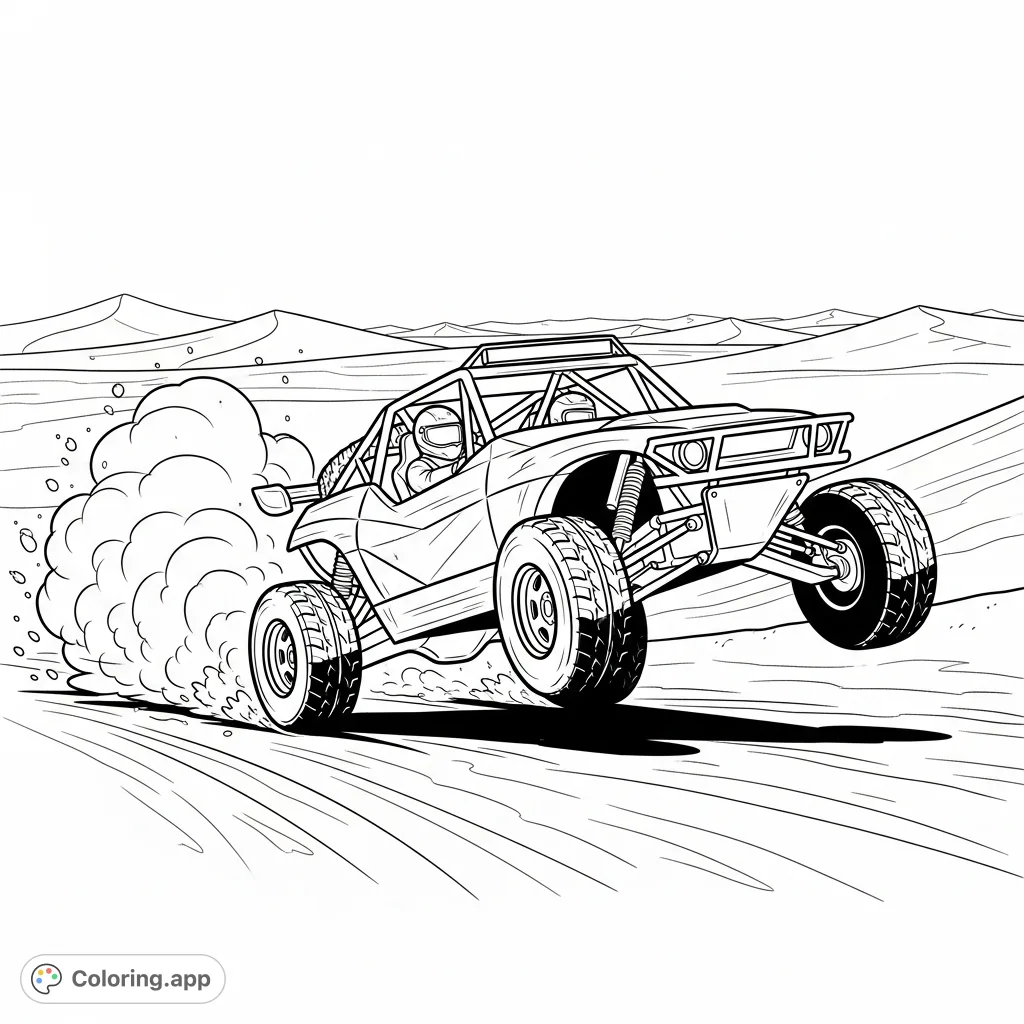 Experience the thrill of a desert racing buggy drifting around a sharp turn, kicking up dynamic sand clouds in an action-packed off-road scene.