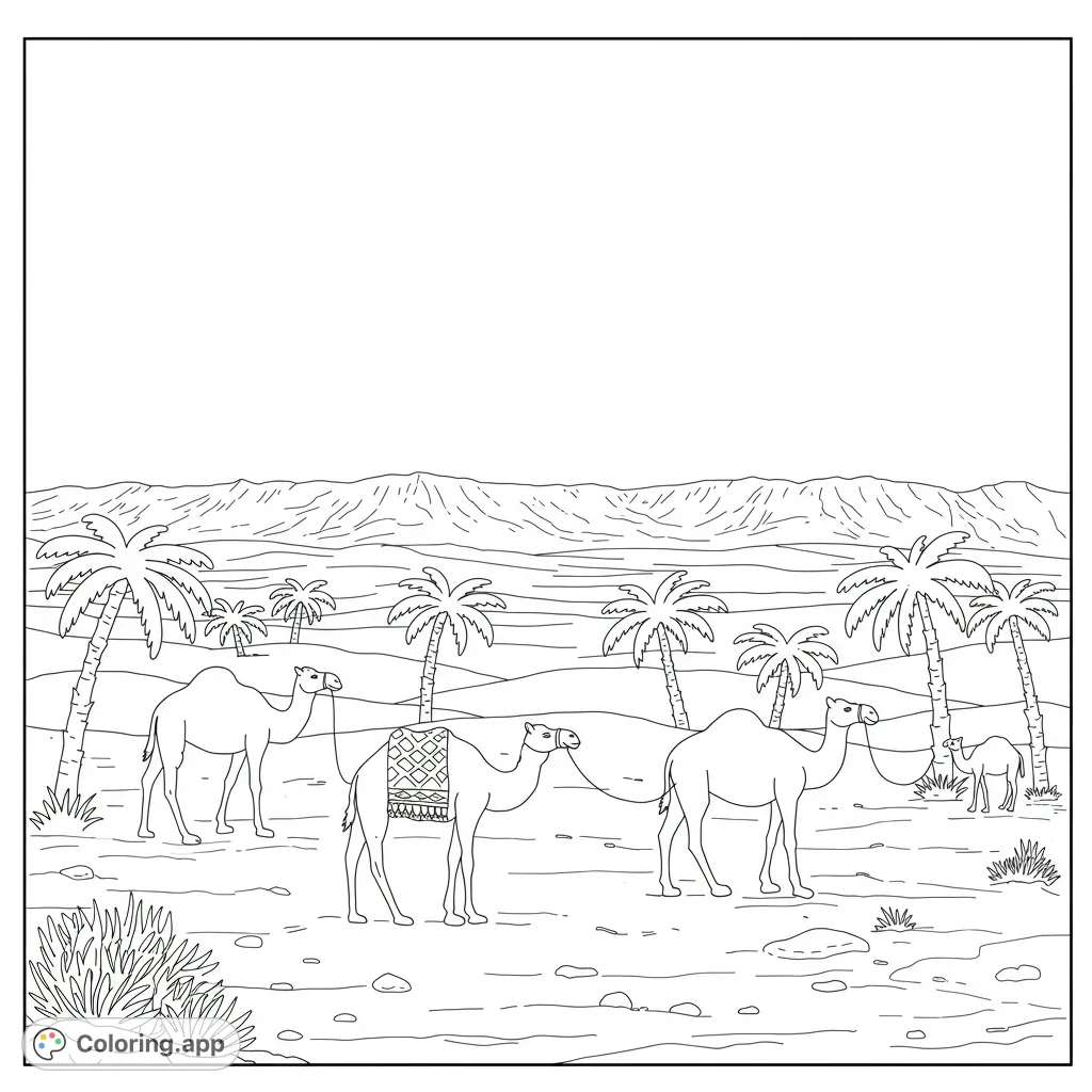 Journey across the desert with a caravan of camels and a baby camel, surrounded by palm trees and distant mountains. A captivating desert scene.