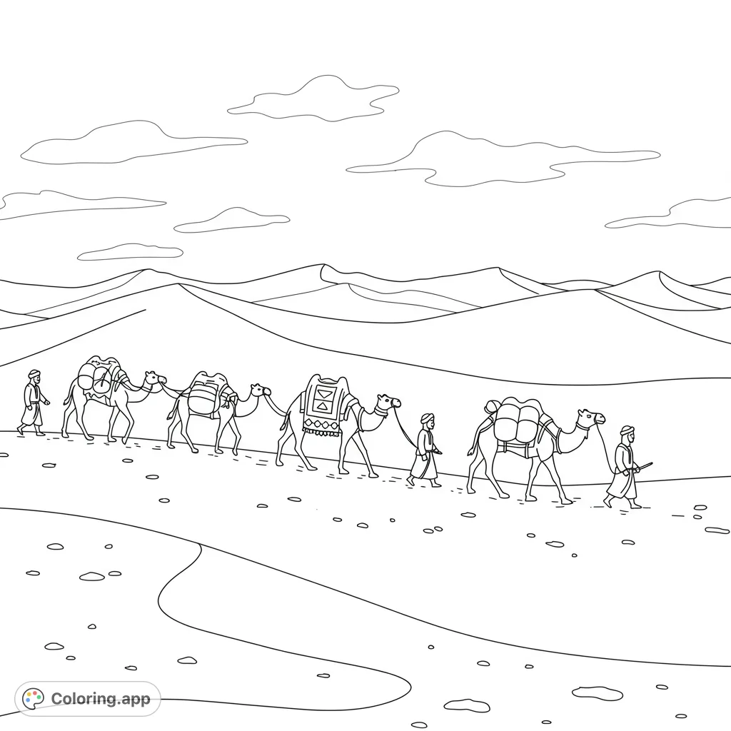 A majestic desert caravan with camels and travelers journeys across rolling sand dunes under a cloudy sky. Perfect for an adventurous coloring experience.