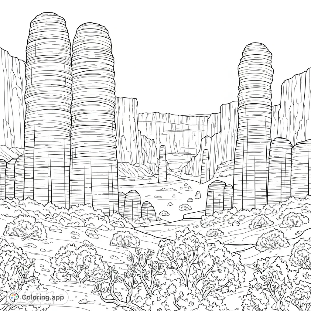 Explore a stunning desert canyon featuring towering, stacked rock columns with intricate striations and sparse, resilient shrubs. A captivating nature scene.