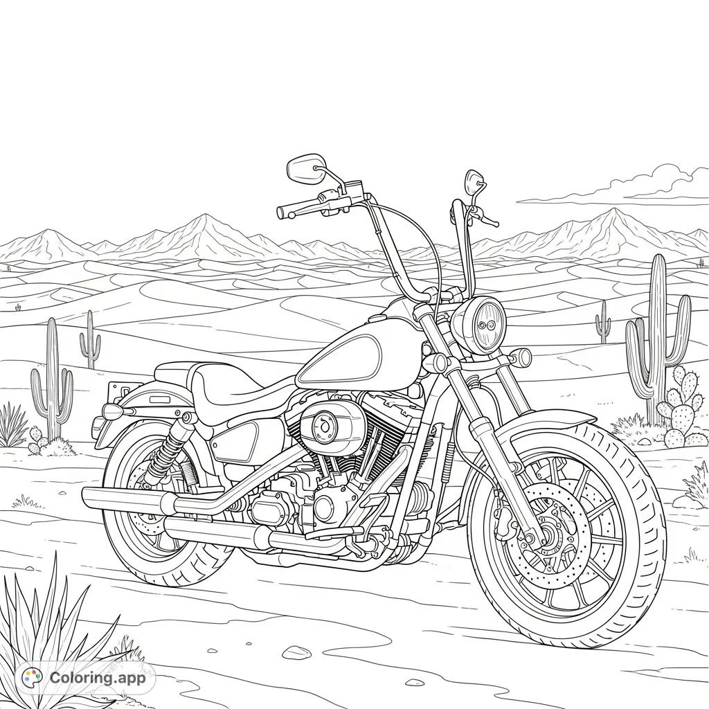 Detailed high-bar cruiser motorcycle with a classic tear-drop tank, set against a vast open desert landscape with sand dunes and distant mountains.
