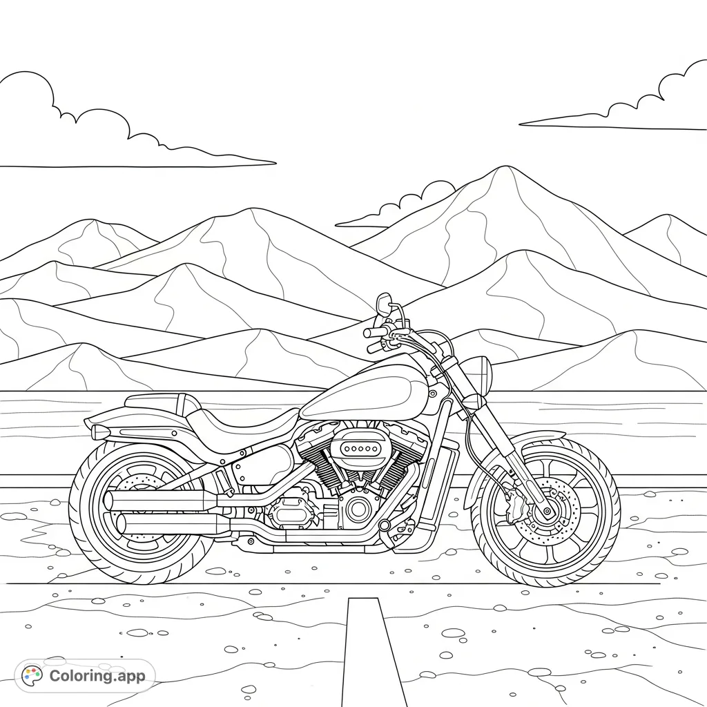 A detailed coloring page featuring a powerful, low-slung cruiser motorcycle parked on a textured desert road, with simplified mountains under an open sky.