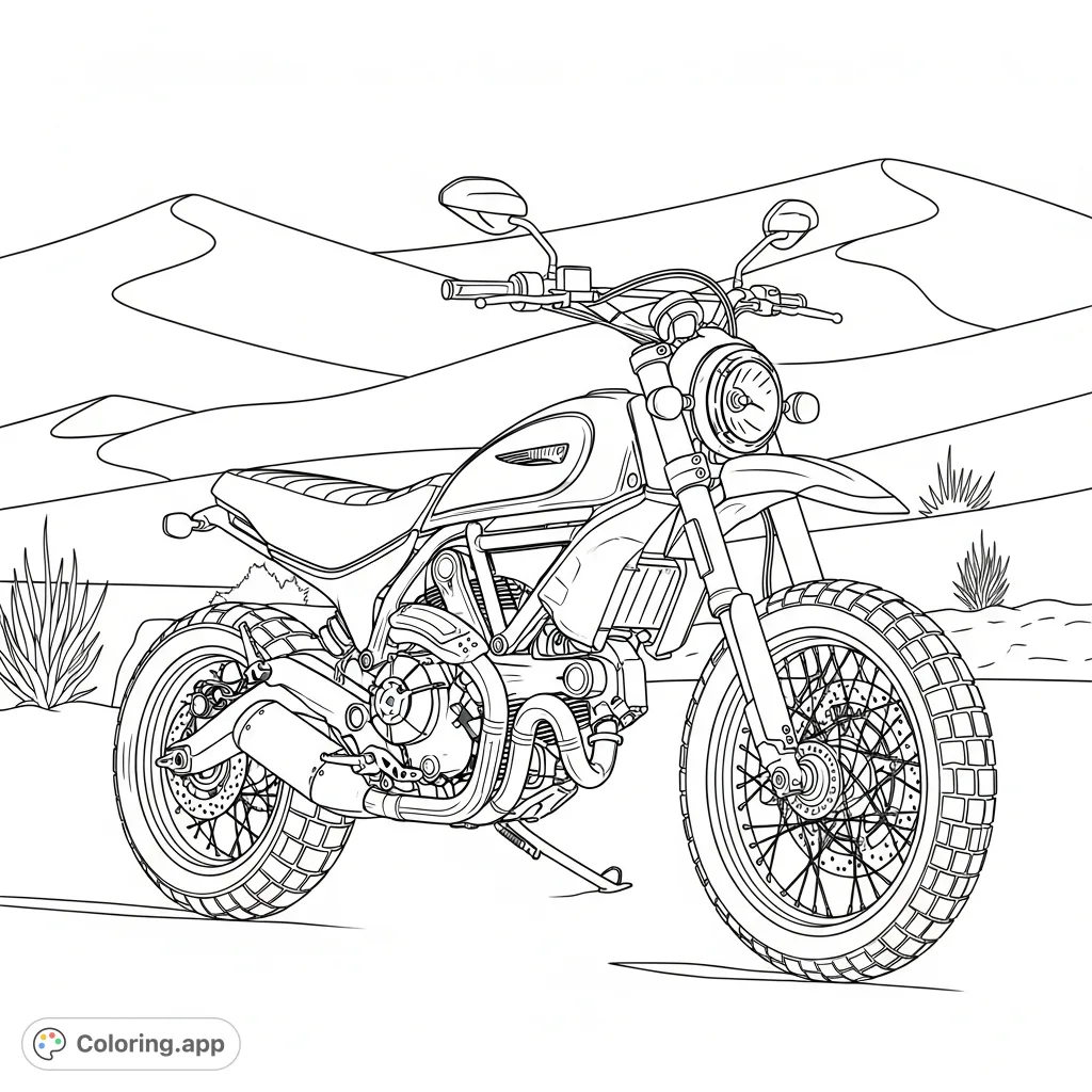Color a powerful Ducati Scrambler with knobby tires against a backdrop of sweeping sand dunes. A detailed page for motorcycle enthusiasts.