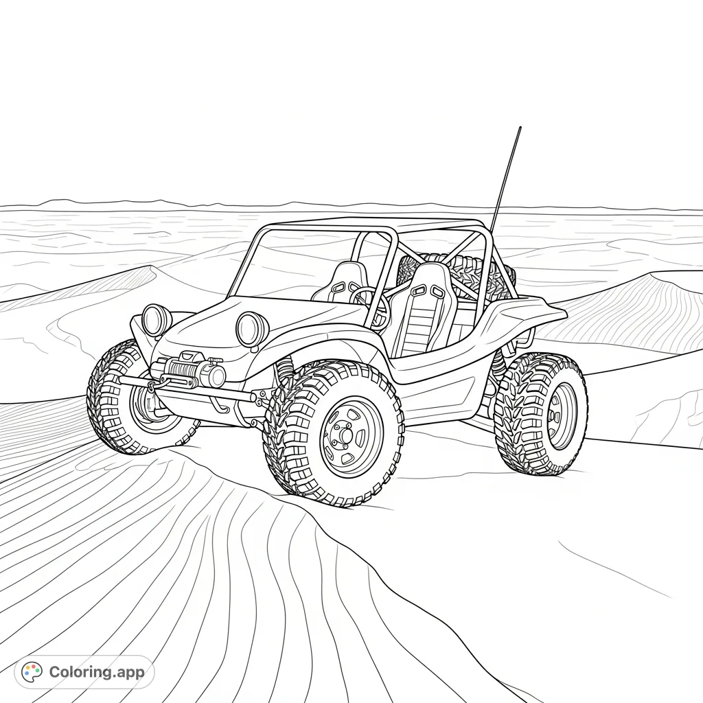 A detailed coloring page featuring a rugged dune buggy parked on a vast sand dune, with an expansive desert horizon in the background.