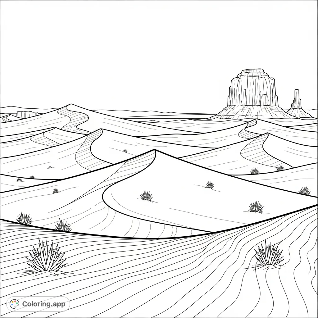 A serene coloring page featuring sweeping desert dunes and a lone, craggy rock formation under a vast sky, with sparse desert flora.