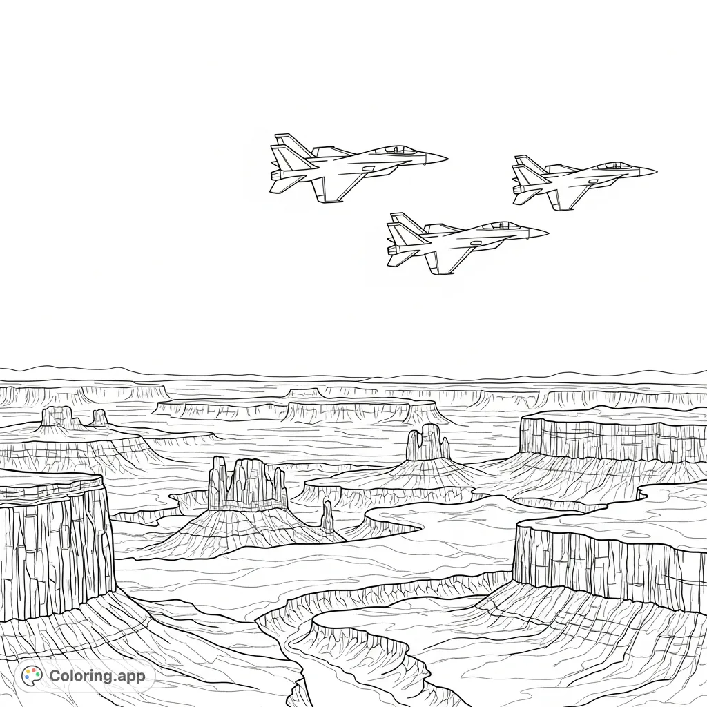 Dynamic fighter jets soar in a precise formation over a vast, canyon-filled desert. A thrilling aviation scene for detailed coloring.