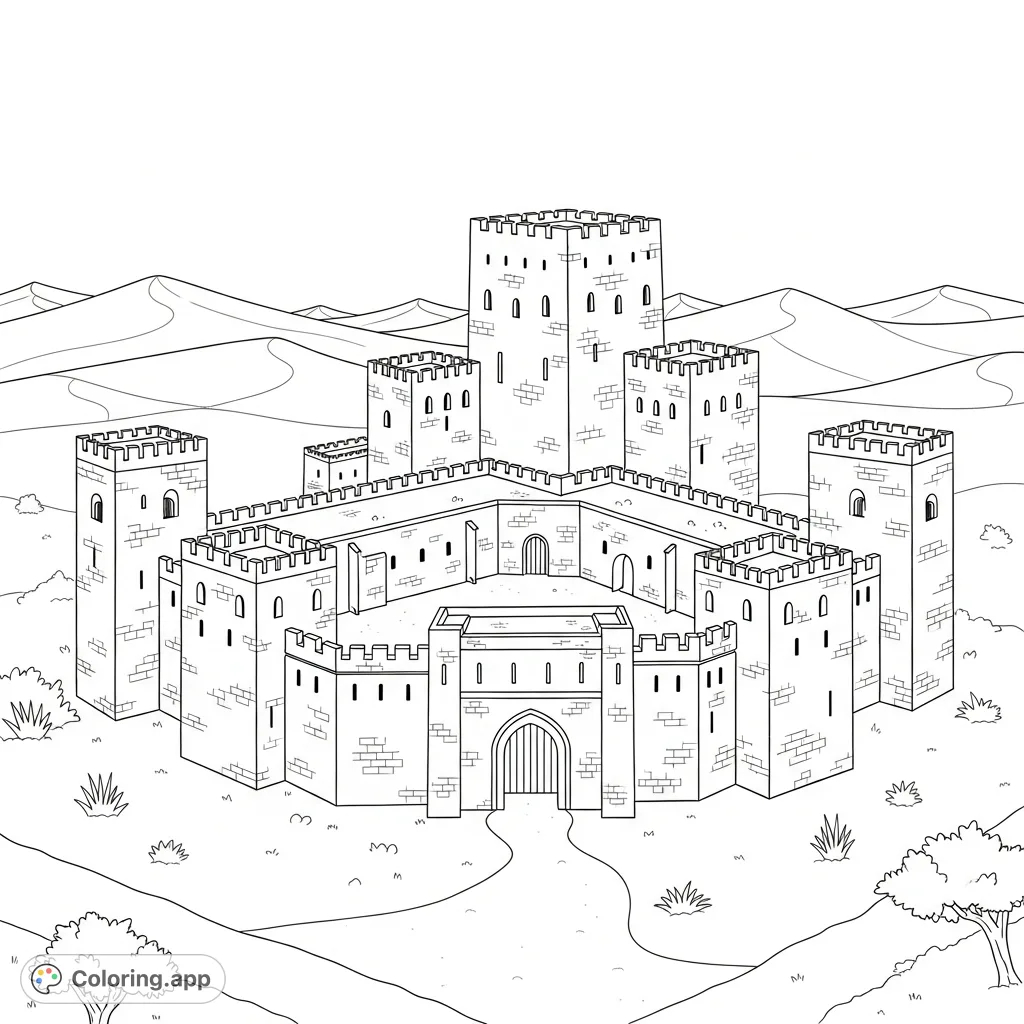 An impressive desert fortress castle with square towers and textured walls, set against a backdrop of minimal sand dunes and sparse desert flora.
