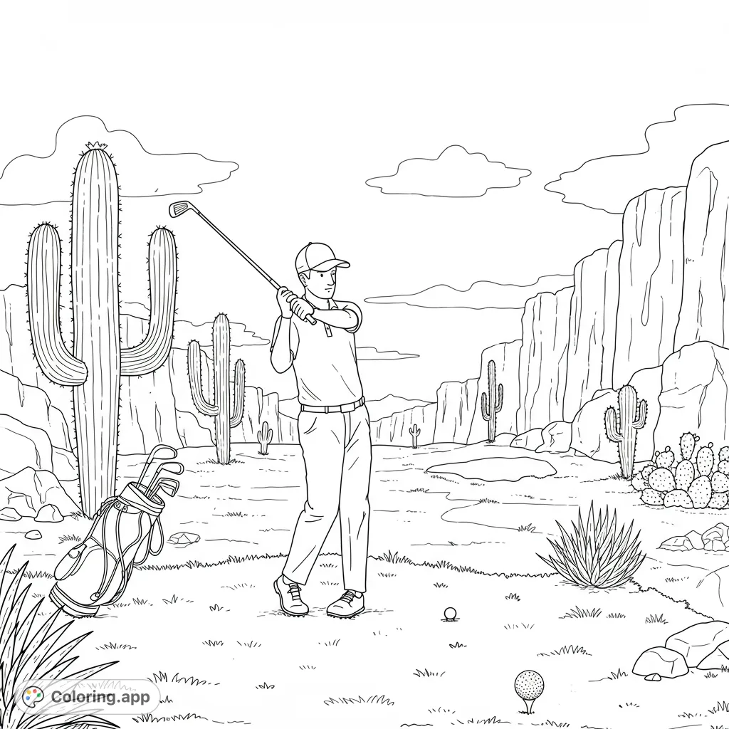 A dynamic desert golf coloring page featuring a golfer mid-swing amidst saguaro cacti and towering rock formations. Perfect for sports and nature lovers.