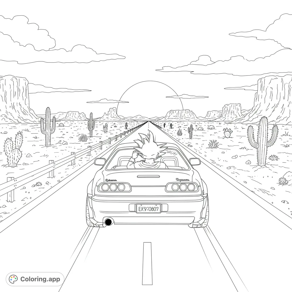An exciting desert highway anime coloring page featuring a spiky-haired character cruising in a sports car, surrounded by cacti and mesas under a vast sky.