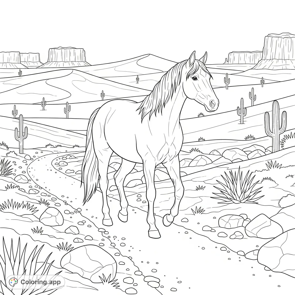 A majestic horse journeys along a rugged desert path, surrounded by scattered rocks, rolling dunes, and distant mesas, offering a serene escape.