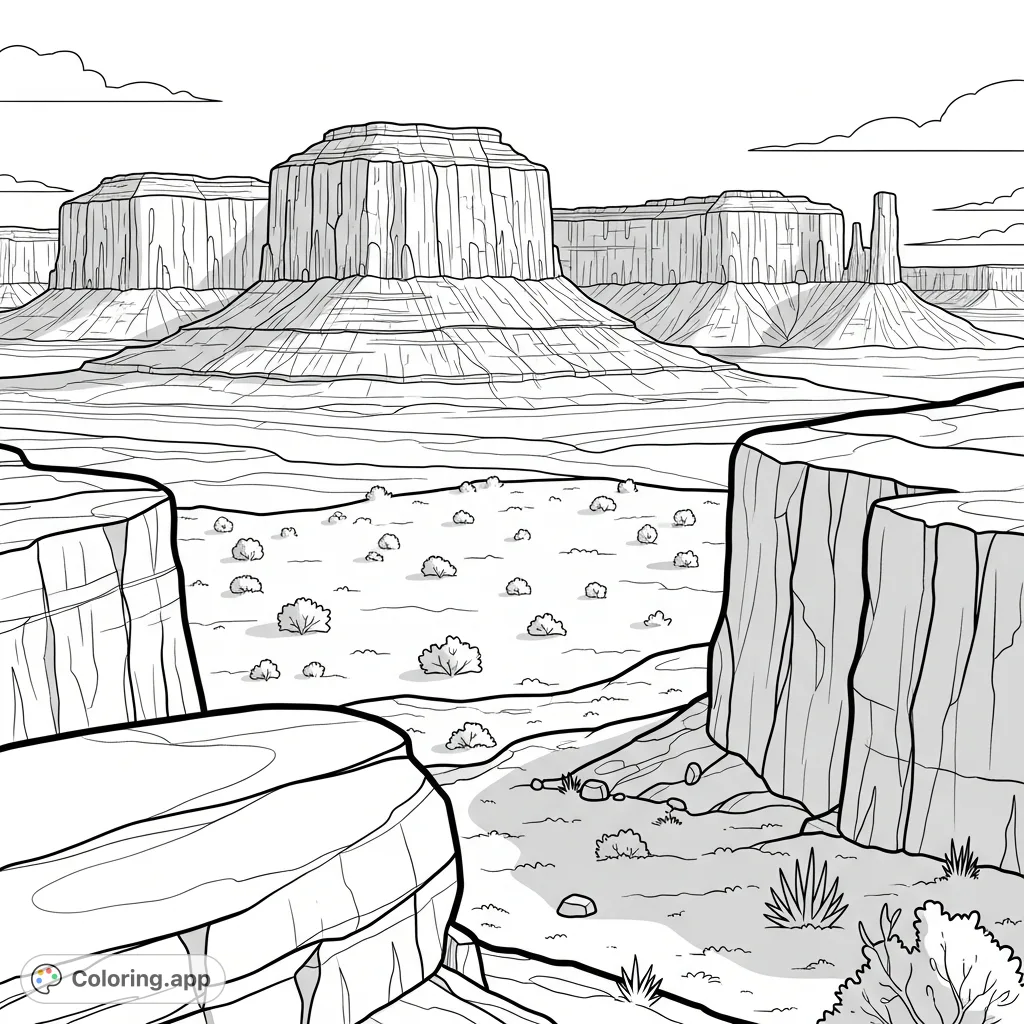 Explore a serene desert mesa scene featuring towering plateaus, sparse desert flora, and prominent foreground rocks, offering a majestic landscape.