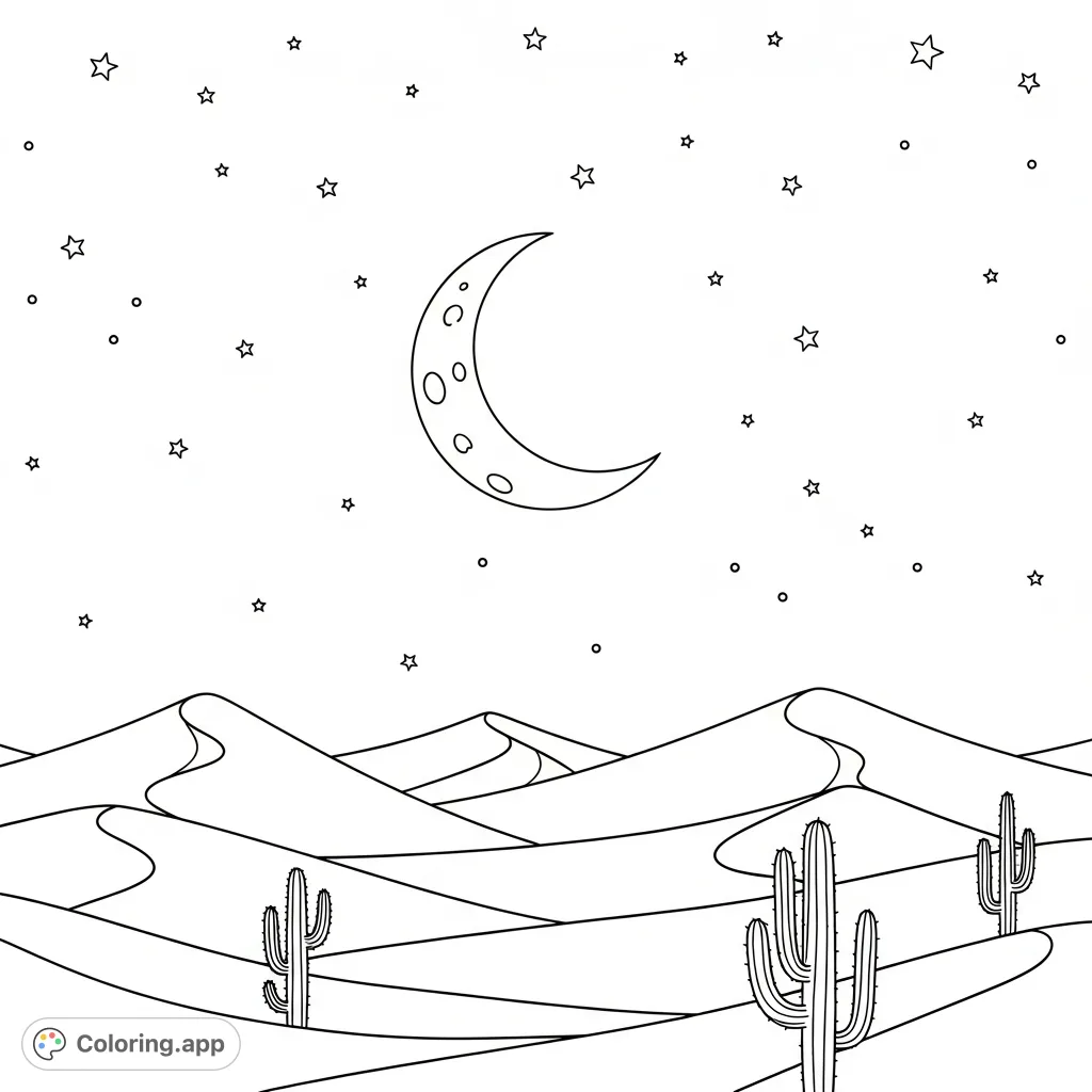 A tranquil desert night scene featuring a slender crescent moon and a star-studded sky above sweeping, silhouetted dunes and solitary cacti.