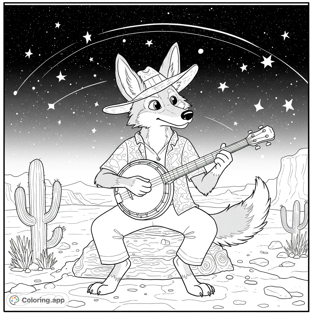 A charming coyote plays banjo under a starry desert sky, surrounded by cacti. A free printable desert music coloring page for all ages.