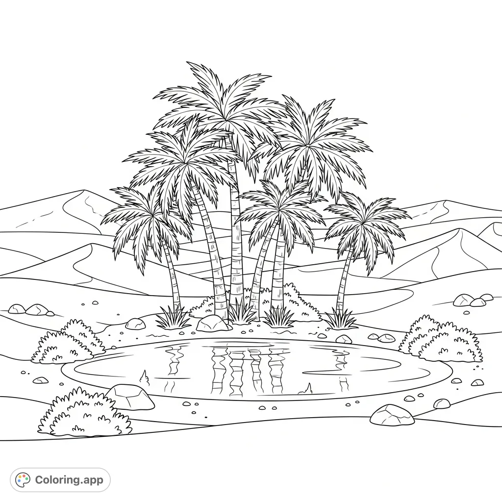 Discover a tranquil desert oasis with towering palm trees, calm water, and subtle reflections amidst rolling sand dunes. A perfect escape.
