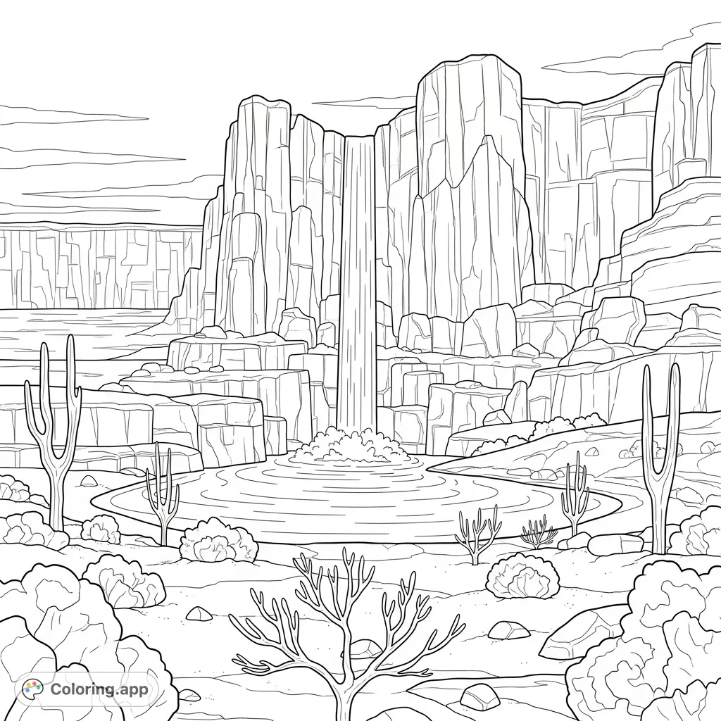 Discover a stunning desert oasis! A powerful waterfall cascades down a rugged red-rock cliff into a tranquil pool, surrounded by simplified desert shrubs.