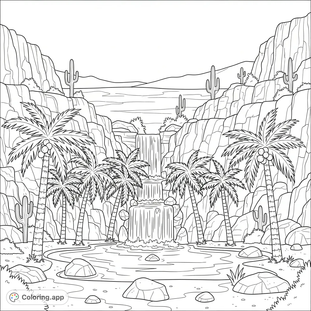 Discover a tranquil desert oasis featuring a cascading waterfall, towering palm trees, and unique rock formations. A serene landscape awaits your creative touch.