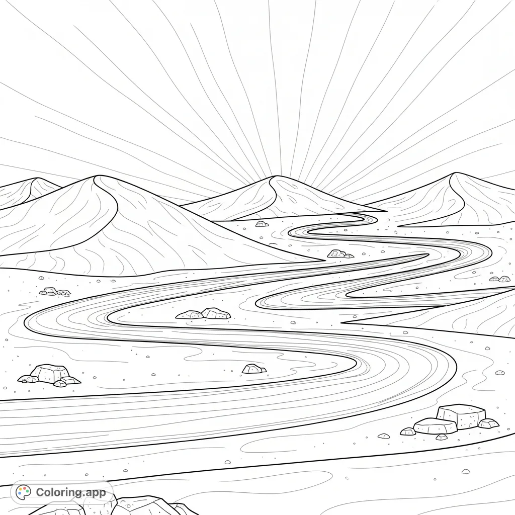 Navigate a thrilling desert race track winding through towering sand dunes. Subtle wavy lines suggest heat, adding to the challenging, arid environment.