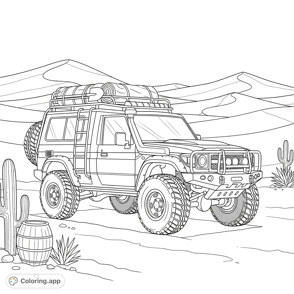 Color a powerful desert rescue vehicle with rugged off-road suspension amidst gently curving sand dunes and sparse desert flora, ready for adventure.