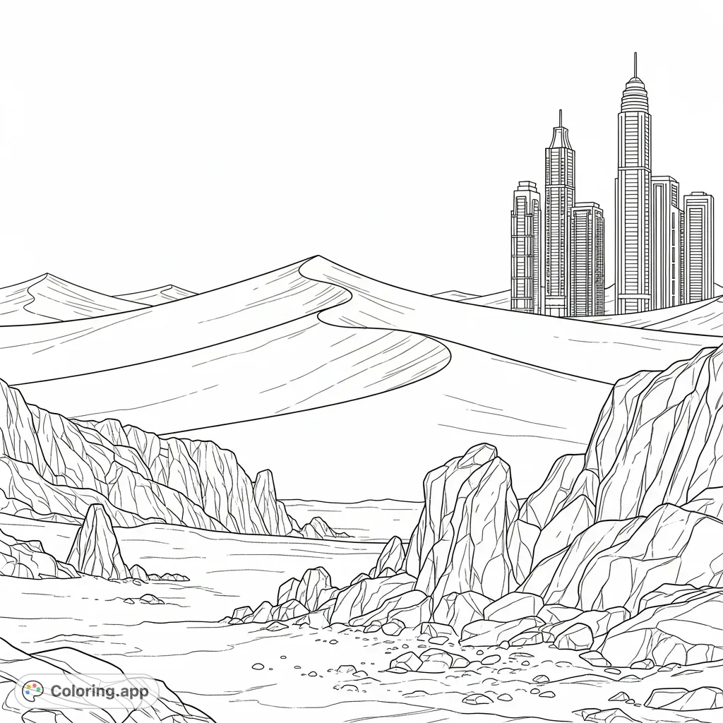 Explore a unique desert landscape featuring a prominent dune ridge and rocky outcrops, contrasted by sleek, modern towers on the distant horizon.