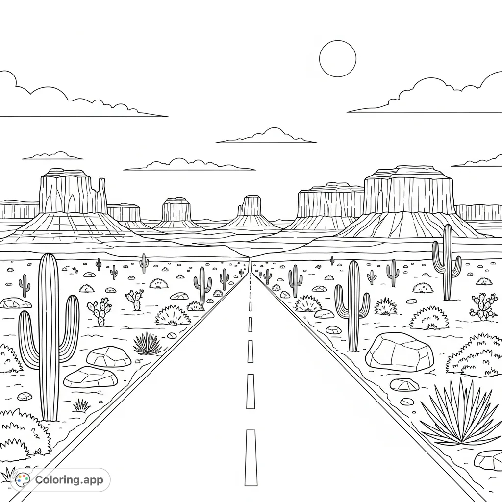 An expansive desert scene featuring a long, straight road leading towards majestic mesas under a vast, open sky, with scattered cacti and rock formations.