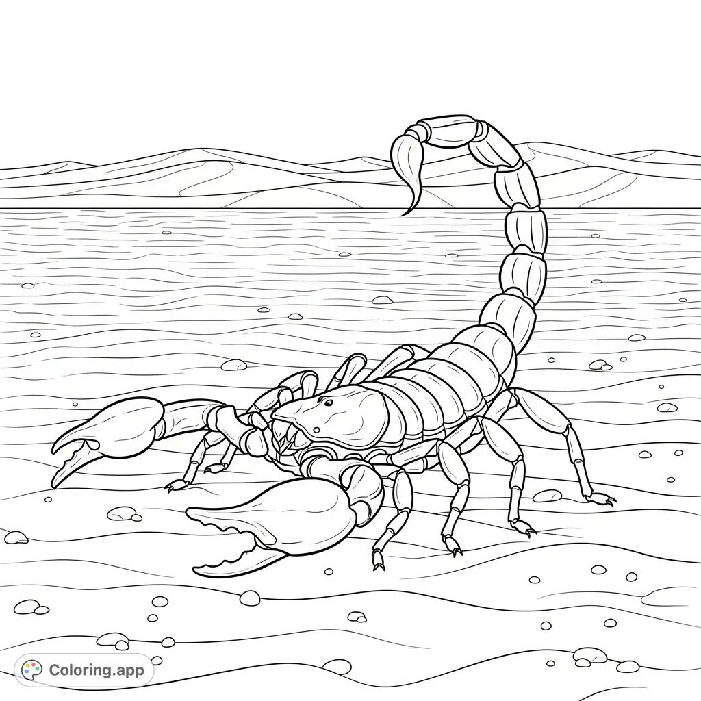 Explore the desert with this detailed coloring page featuring a robust scorpion on rippled sand. Perfect for nature lovers and detailed coloring.