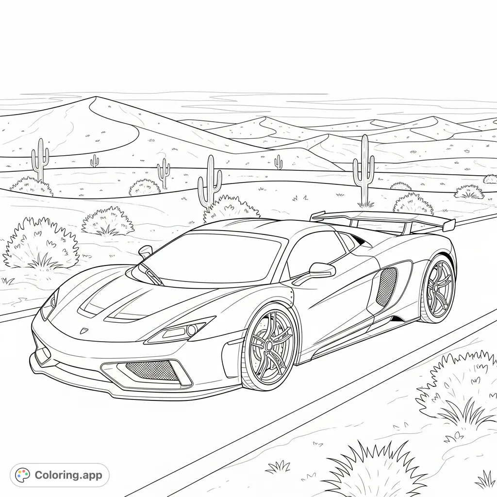 A dynamic coloring page featuring a sleek supercar speeding down a desert road, flanked by majestic sand dunes under a wide-open sky. Perfect for car enthusiasts.