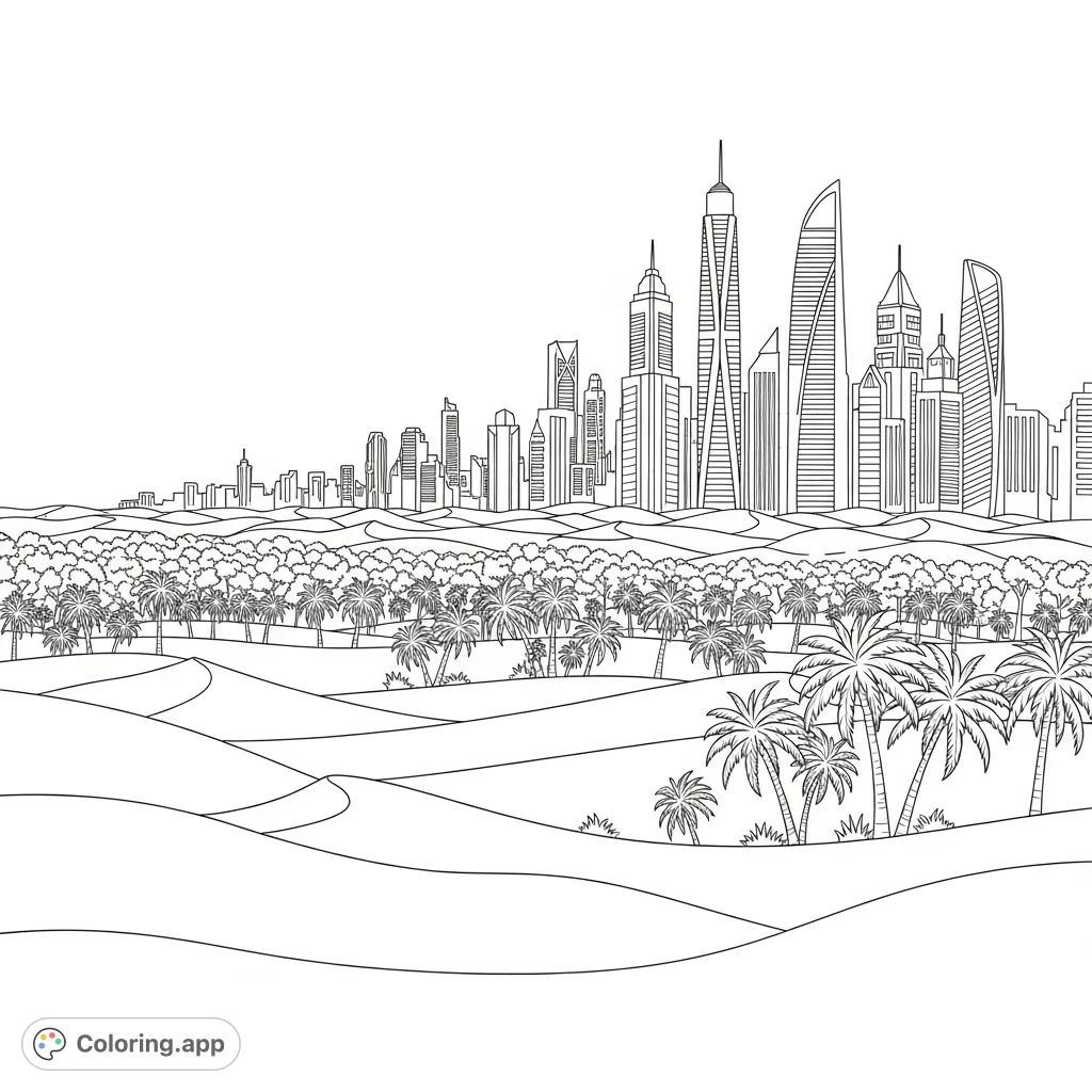 A stunning coloring page showcasing a captivating panorama that smoothly blends vast desert dunes, lush palm groves, and a modern city skyline.