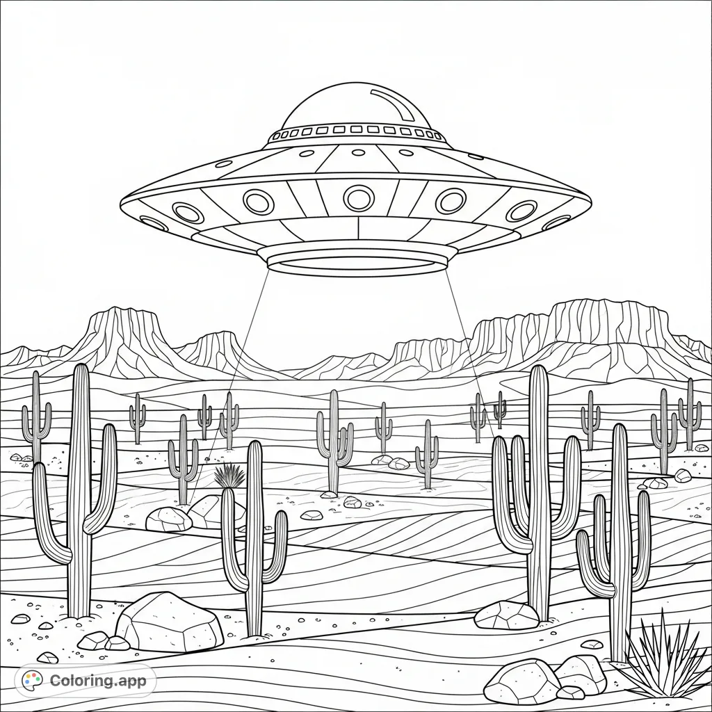 A classic saucer-shaped UFO hovers mysteriously above a vast desert landscape, complete with saguaro cacti and distant rocky mountains under an expansive sky.