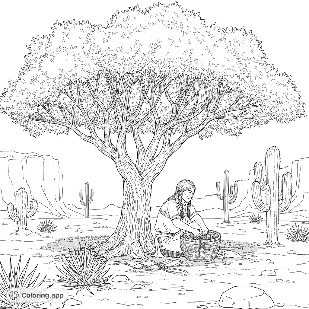 A serene desert scene featuring a woman weaving under a large shade tree, surrounded by cacti and mesas. A free printable desert coloring page.