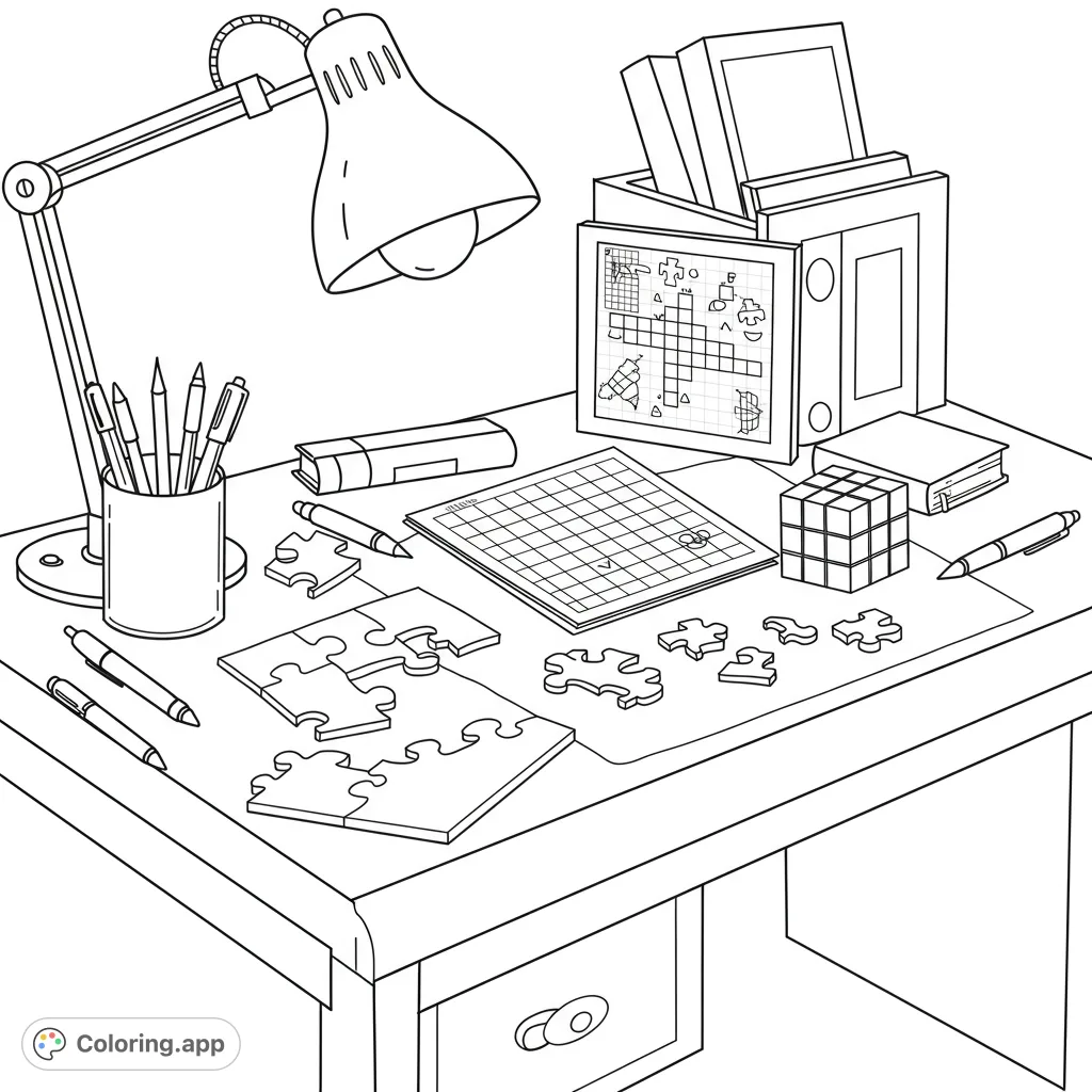 Explore a vibrant puzzle desk coloring page featuring a lamp, pens, books, jigsaw pieces, a Sudoku grid, and a Rubik's cube. A free printable coloring page for all ages.