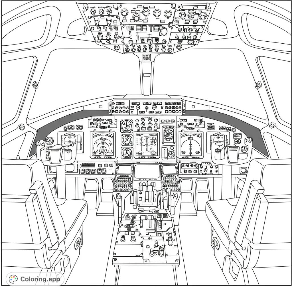 Explore a highly detailed airplane cockpit coloring page, featuring intricate instruments, controls, and pilot seats for an immersive coloring experience.