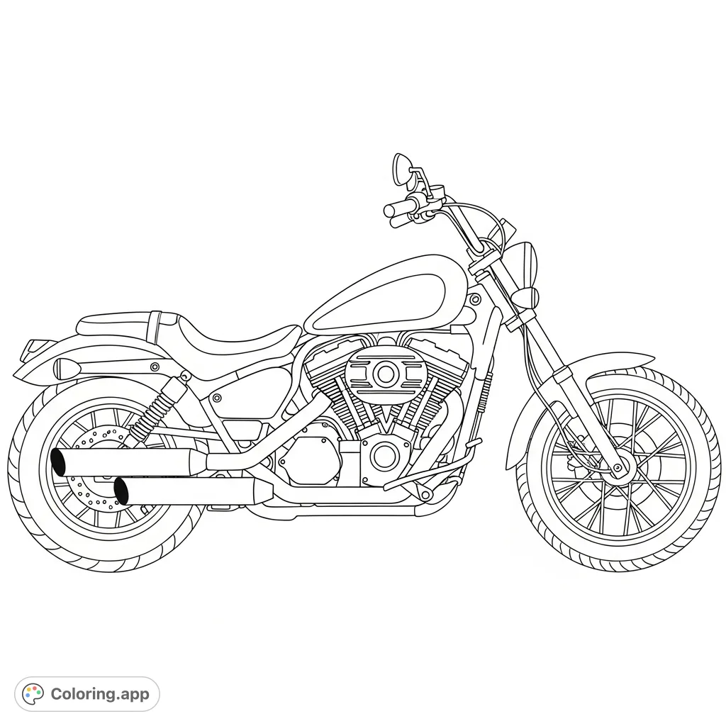 A finely detailed coloring page featuring a cruiser motorcycle from a side perspective, highlighting its engine fins, exhaust pipes, and classic design.