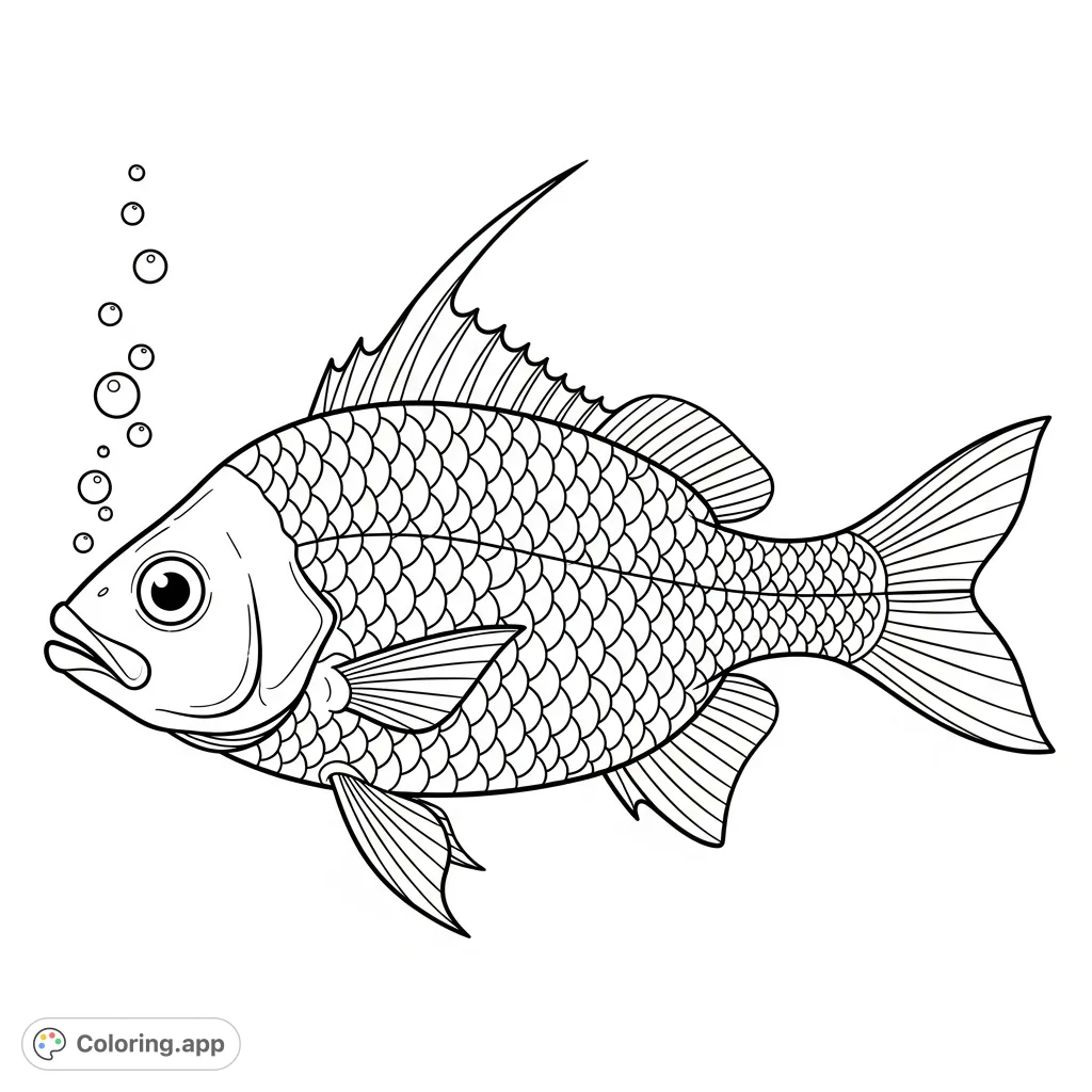 Explore the intricate details of a generic fish in this captivating coloring page. Perfect for learning fish anatomy and unleashing creativity with its prominent fins, scales, and bubbles.