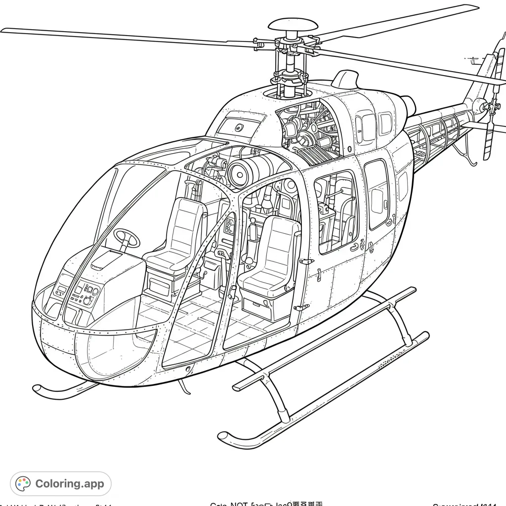 Explore a detailed helicopter coloring page, revealing intricate internal mechanics, cockpit, and structural elements. A free printable coloring page for all ages.
