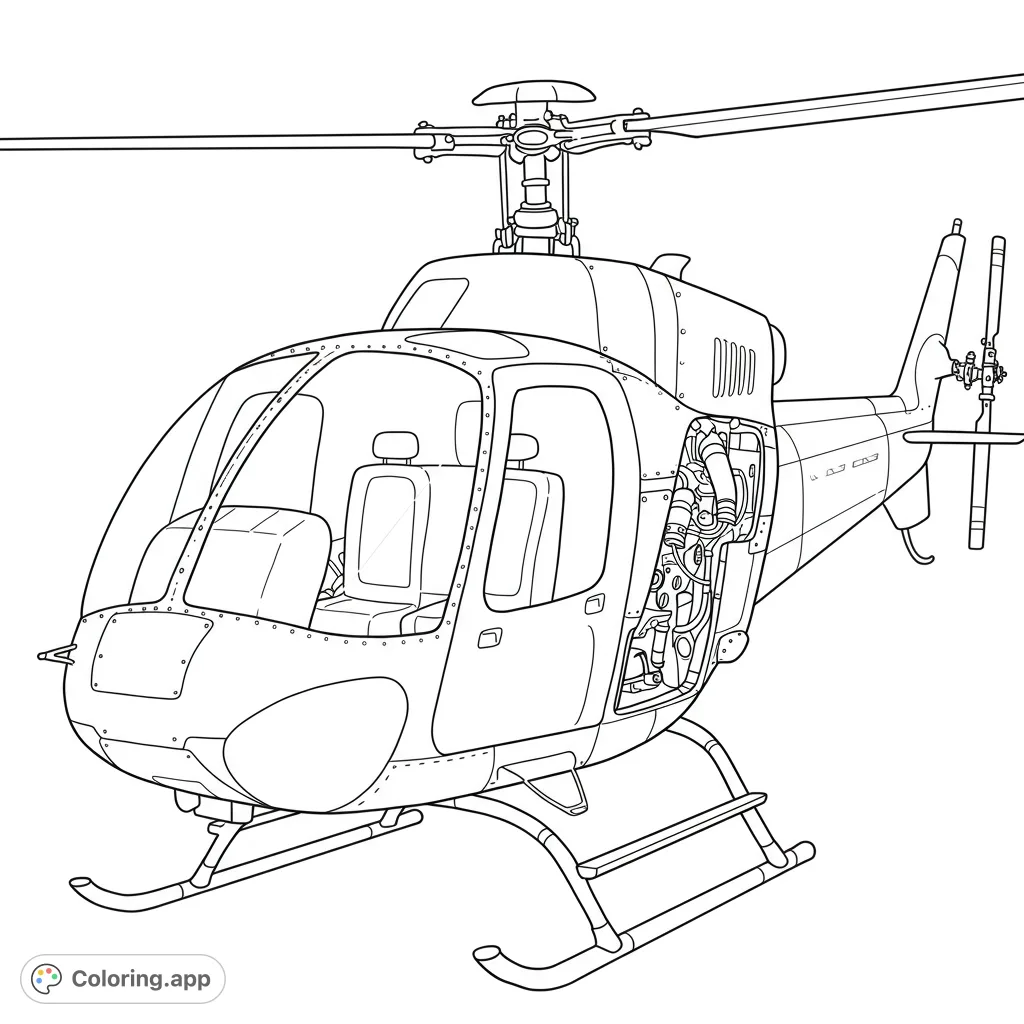 Detailed helicopter coloring page featuring a modern aircraft with visible cockpit, engine, and rotors. A free printable coloring page for all ages.